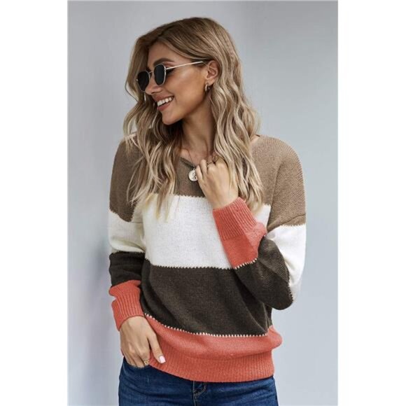 Womens Sweater Pullover Color Block Long Sleeve Knit Crewneck Casual Winter Top - Picture 5 of 6